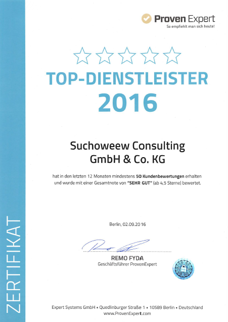 Suchoweew Consulting wurde erstmals 2016 mit der ProvenExpert-Auszeichnung „TOP Dienstleister“ geehrt. Seitdem bewerten uns unsere Kunden kontinuierlich mit „SEHR GUT“ – Exzellente Nachfolgeberatung